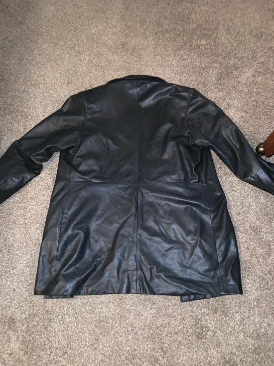 Men's Black Leather Bomber Jacket - Classic Button Front - Picture 2 of 4